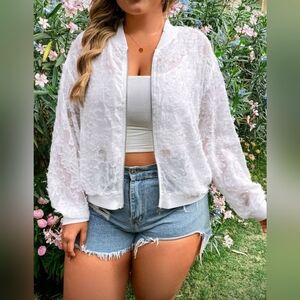 Women's Plus Size White Lace Bomber Jacket